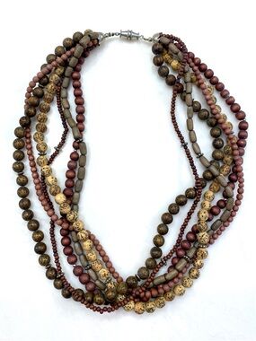 Vintage Multi Strand Earthy Beaded Necklace Chunky Layered Wooden Seed Boho
